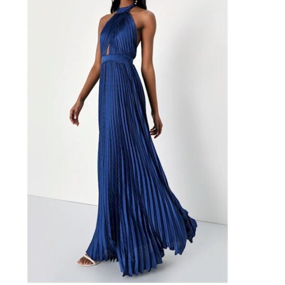 Midnight Moves Navy Blue Pleated Satin Cutout Halter Maxi Dress Size Large NWOT - Picture 5 of 12